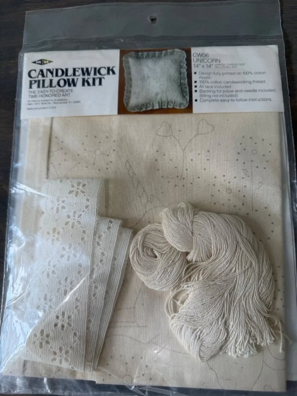 New Sealed Vintage Candlewick Pillow Kit Unicorn Design Lace Edge